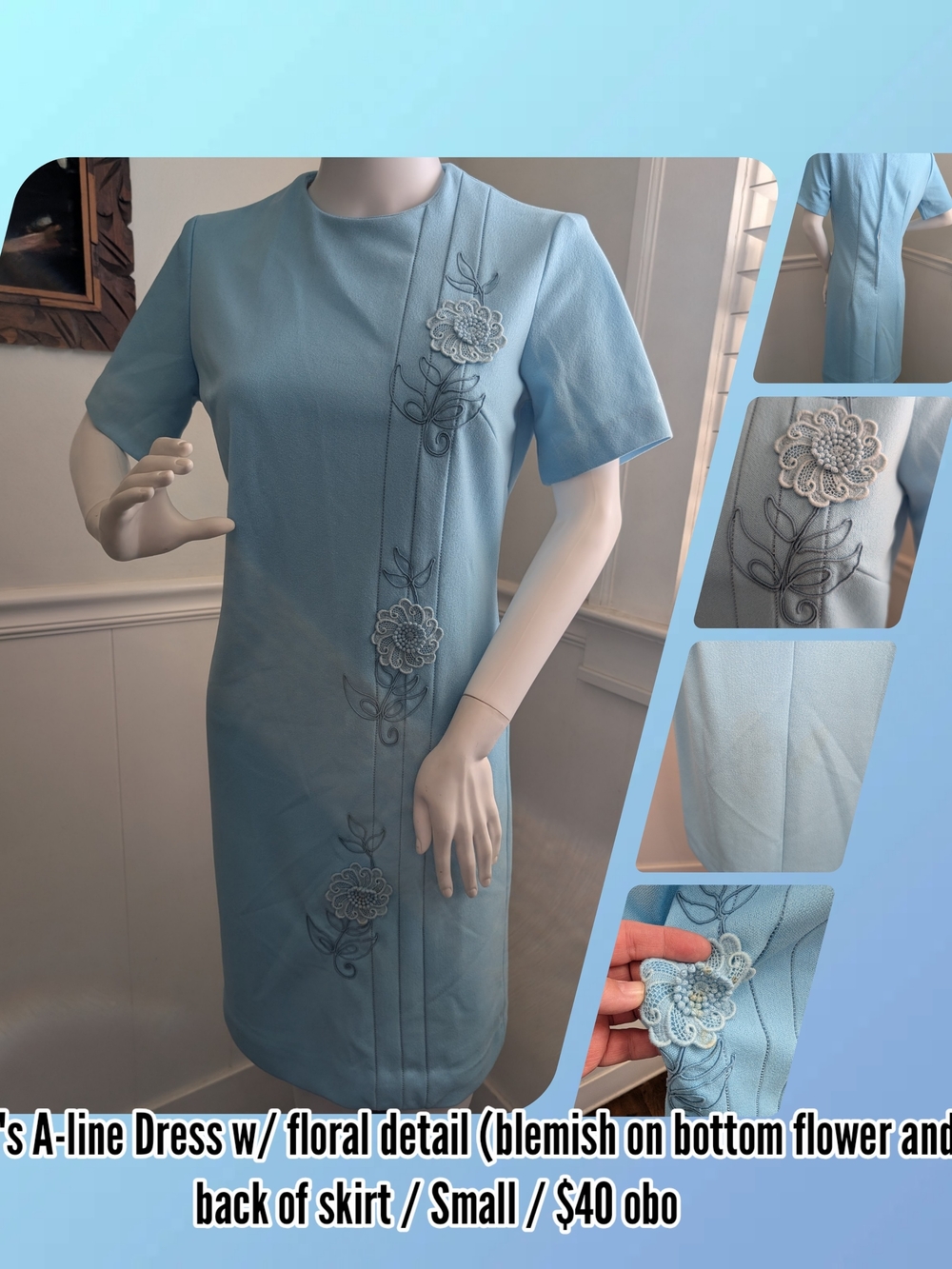 Light Blue A-Line Dress with Floral Appliqué